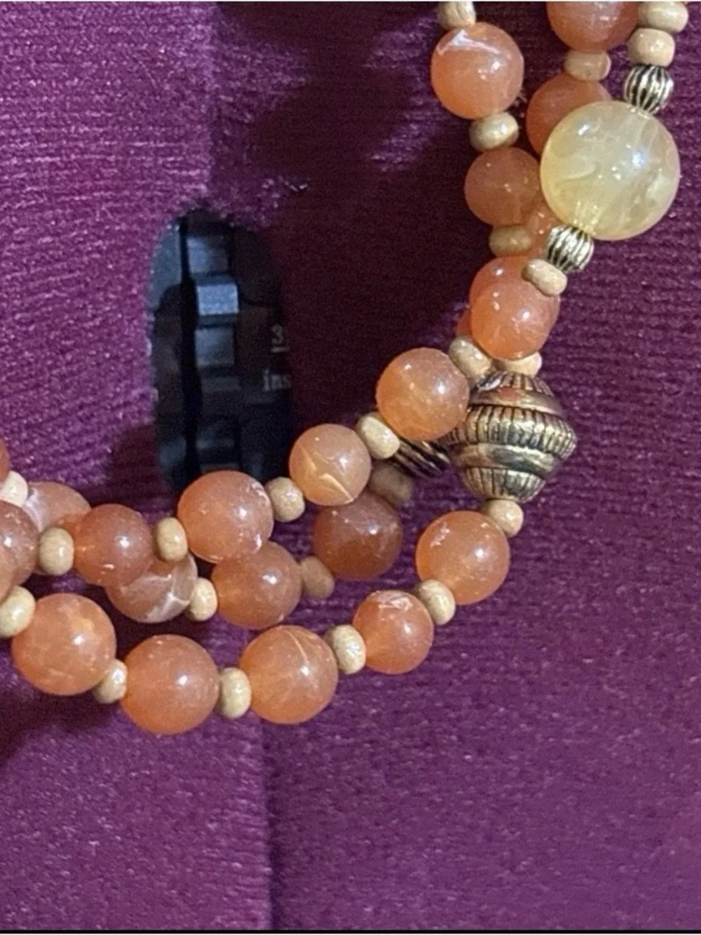 Vintage Signed Avon 3-strand faux amber carved cinnabar wood bead necklace 35”
